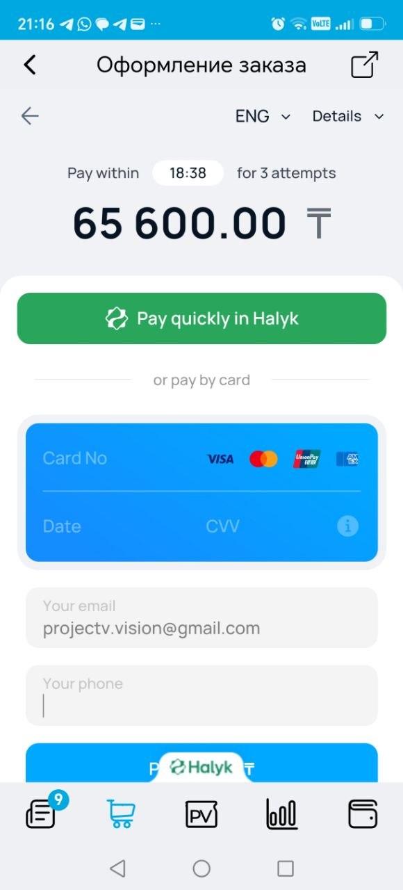 Оплата заказа Project V в SESSIA Казахстан через Halyk